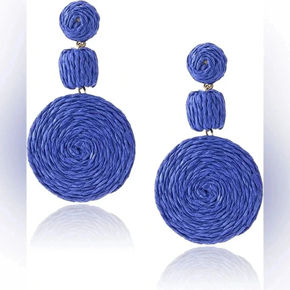 🎈4 LISTINGS FOR $20!! Raffia Drop Earrings | blue dangle round earrings - Picture 5 of 7